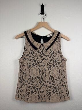 Ginger G Y2K Beige Floral Lace Black Trim Keyhole Tank Top Made USA